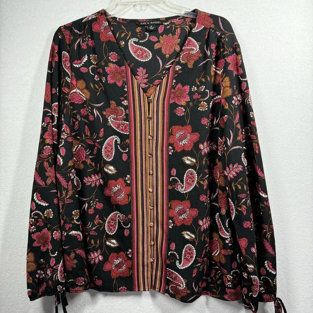 Zac & Rachel Blouse Womens XL Black Floral Paisley Boho Peasant Top Long Sleeve - Picture 2 of 10